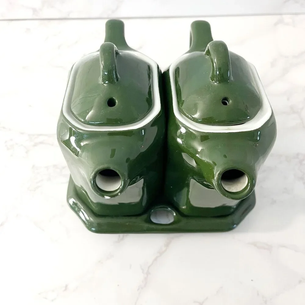 Vintage Lidded Shenango China Oil & Vinegar Cruet Set with Tray Forest Green